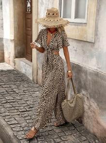 Brillora Woven Leopard Print Hollow-Out Waist Short Sleeve Fitted Super Long Women Dress,Summer Dresses For Women Leopard Dress