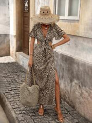 Brillora Woven Leopard Print Hollow-Out Waist Short Sleeve Fitted Super Long Women Dress,Summer Dresses For Women Leopard Dress