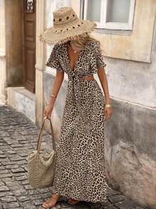 Brillora Woven Leopard Print Hollow-Out Waist Short Sleeve Fitted Super Long Women Dress,Summer Dresses For Women Leopard Dress