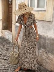 Brillora Woven Leopard Print Hollow-Out Waist Short Sleeve Fitted Super Long Women Dress,Summer Dresses For Women Leopard Dress