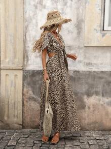 Brillora Woven Leopard Print Hollow-Out Waist Short Sleeve Fitted Super Long Women Dress,Summer Dresses For Women Leopard Dress