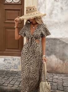 Brillora Woven Leopard Print Hollow-Out Waist Short Sleeve Fitted Super Long Women Dress,Summer Dresses For Women Leopard Dress