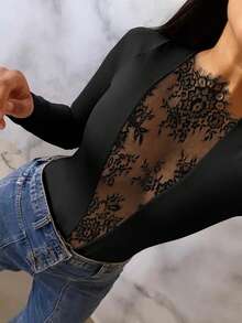Women's Lace Patchwork Sheer Lace Splice T-Shirt