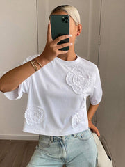 Livesso Pleated 3D Flower Loose Short Sleeve Cropped Round Neck Casual Summer Top For Women