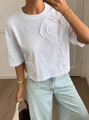 Livesso Pleated 3D Flower Loose Short Sleeve Cropped Round Neck Casual Summer Top For Women