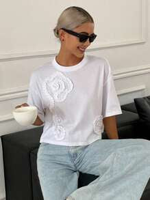 Livesso Pleated 3D Flower Loose Short Sleeve Cropped Round Neck Casual Summer Top For Women