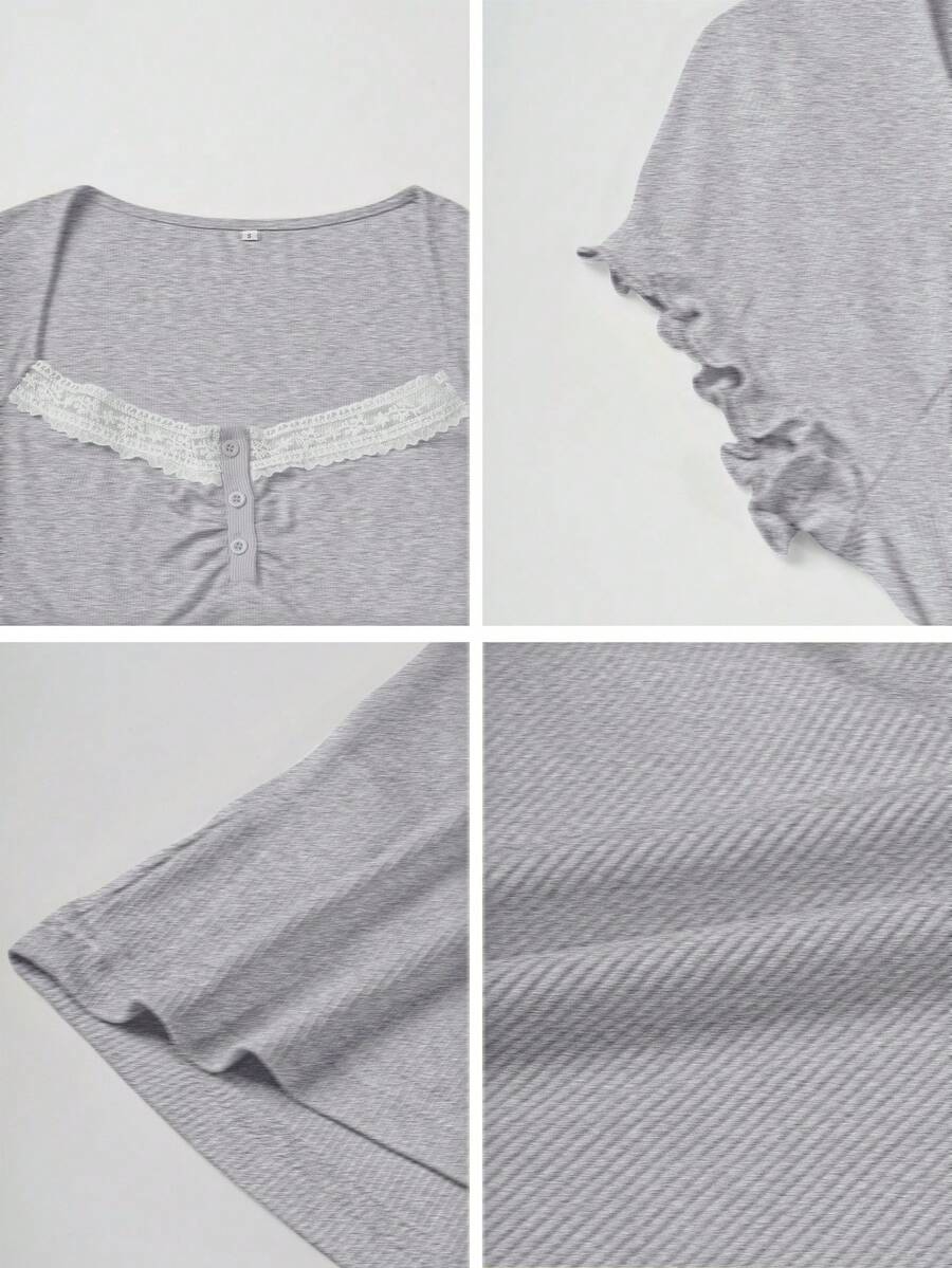 Ženska letnja majica sa čipkastim umetkom i kvadratnim izrezom – slim fit