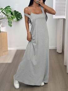 SHEIN EZwear Women's Solid Color Asymmetric Neck Sleeveless Casual Dress For Summer Dress With Built In Bra