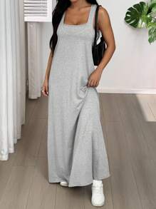 SHEIN EZwear Women's Solid Color Asymmetric Neck Sleeveless Casual Dress For Summer Dress With Built In Bra