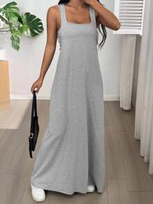 SHEIN EZwear Women's Solid Color Asymmetric Neck Sleeveless Casual Dress For Summer Dress With Built In Bra