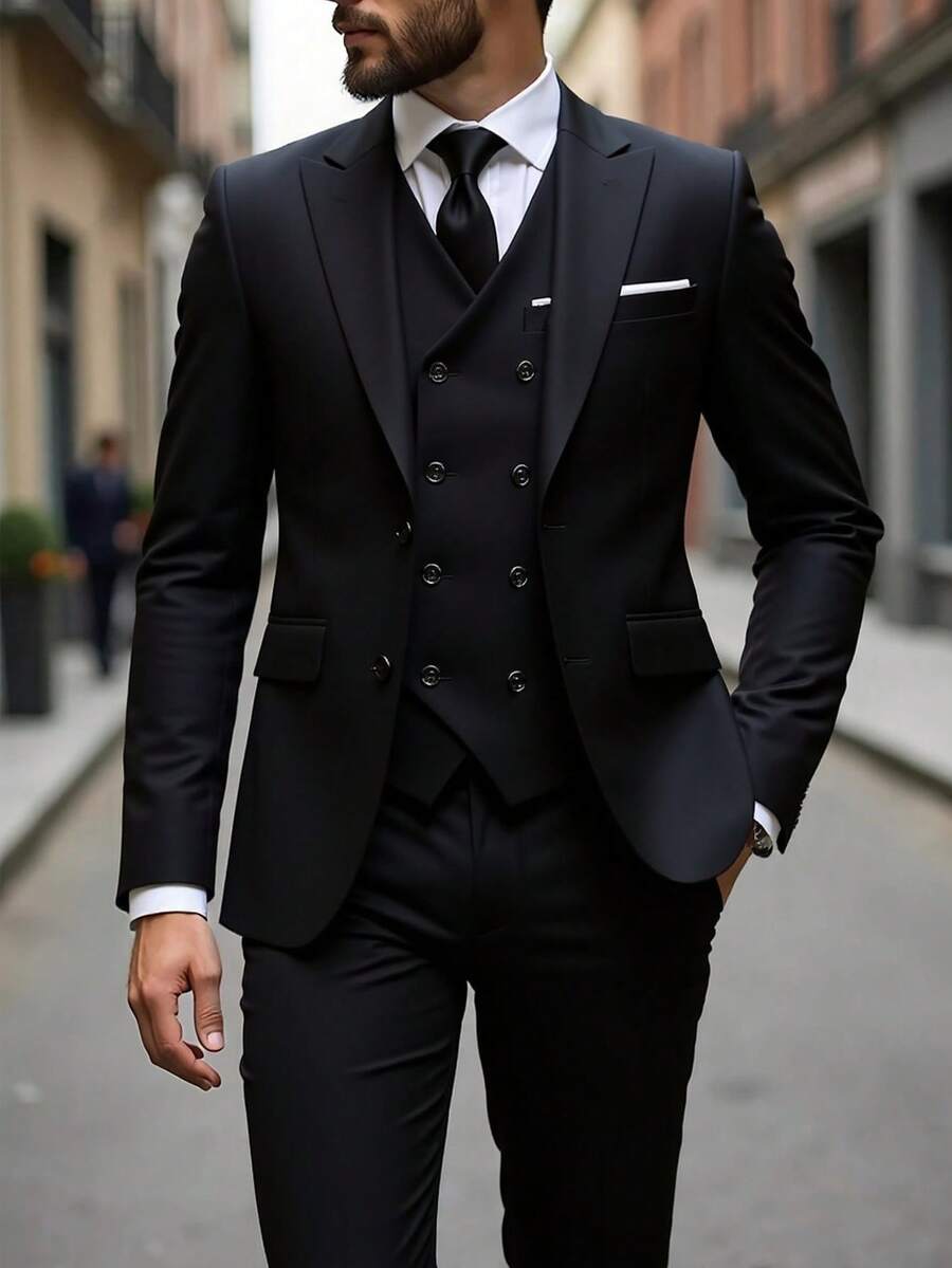 Muški poslovni komplet od 3 dela, uključuje sako, prsluk i pantalone, jednobojni, slim fit