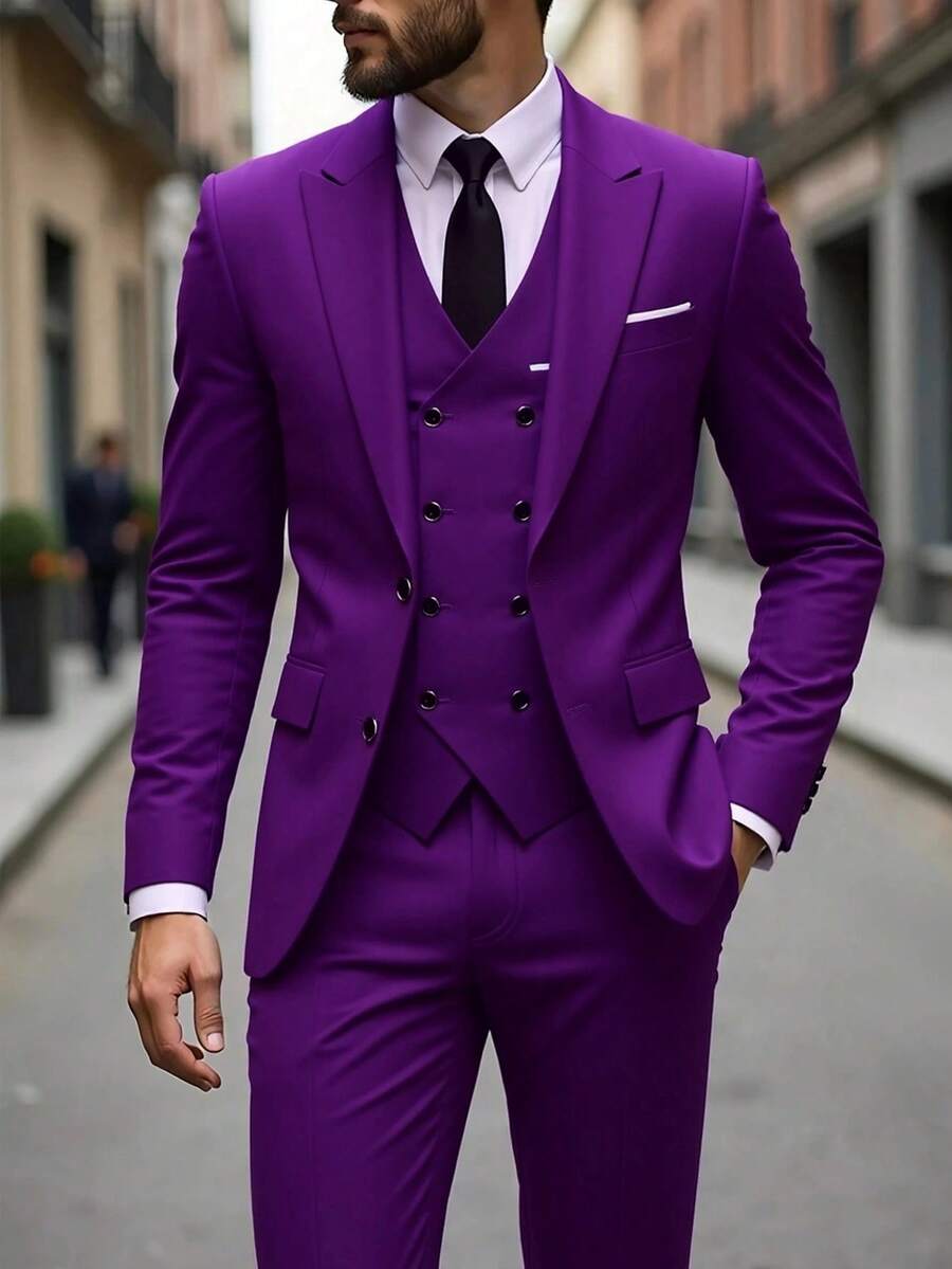 Muški poslovni komplet od 3 dela, uključuje sako, prsluk i pantalone, jednobojni, slim fit