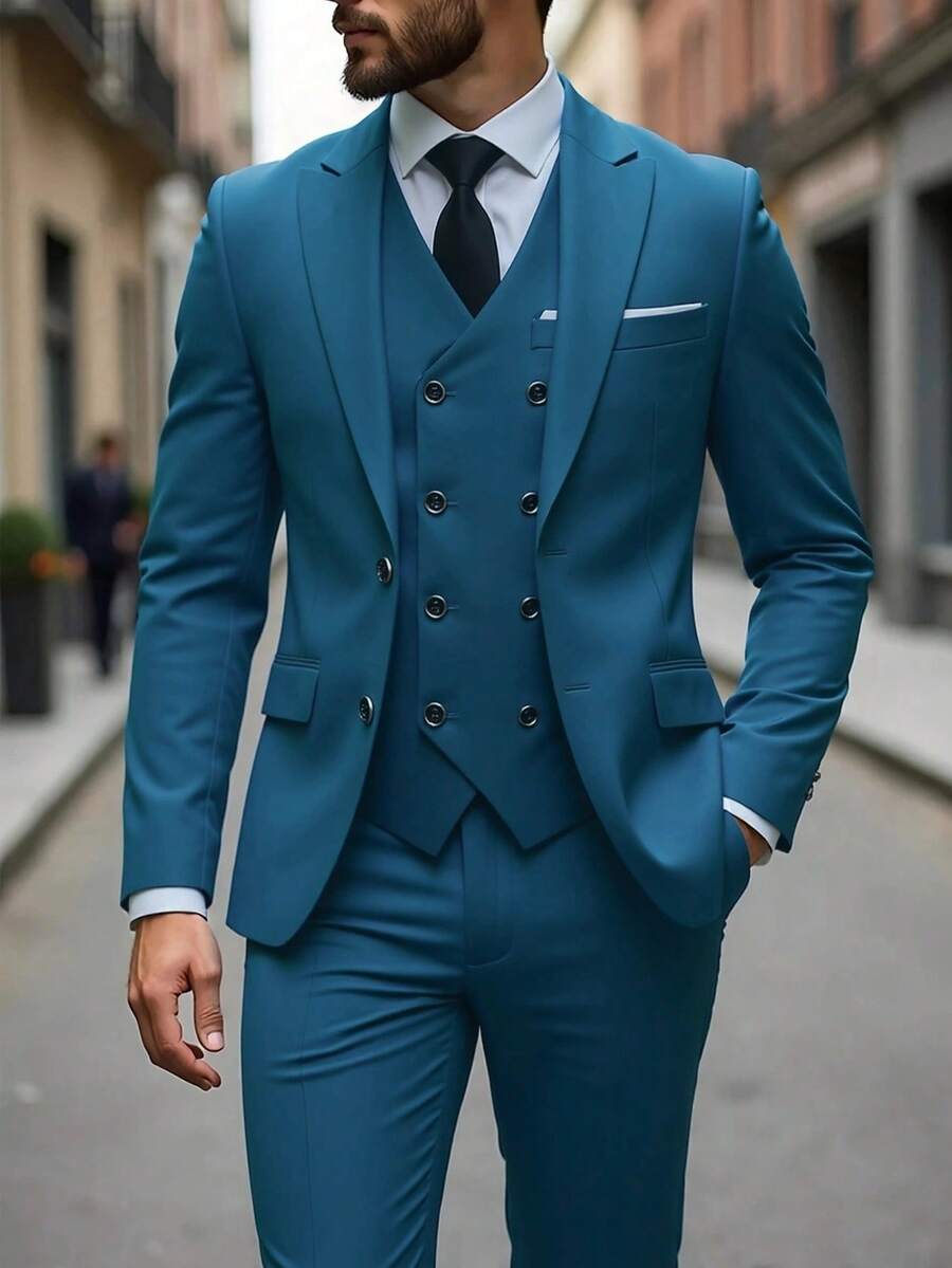 Muški poslovni komplet od 3 dela, uključuje sako, prsluk i pantalone, jednobojni, slim fit