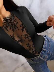 Women's Lace Patchwork Sheer Lace Splice T-Shirt