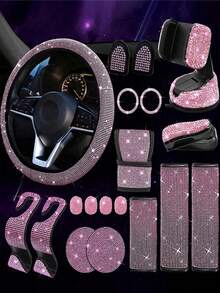 19pcs Shiny Car Accessories Set, Designed For Women, Including Steering Wheel Cover, Seatbelt Cover, Gear Shift Knob Cover, Phone Holder, Cup Holder, Cute Car Decor Kit, Car Interior Accessories Set (Black, White, Pink, Red)