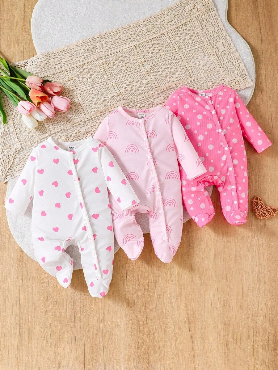 3 komada dečijih kombinezona za devojčice, slatki i nežni, roze i krem, rebrasti sa printom višnje