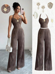 Ženski set  Metalni Cvietni Dekor Crop Top  + pantalone