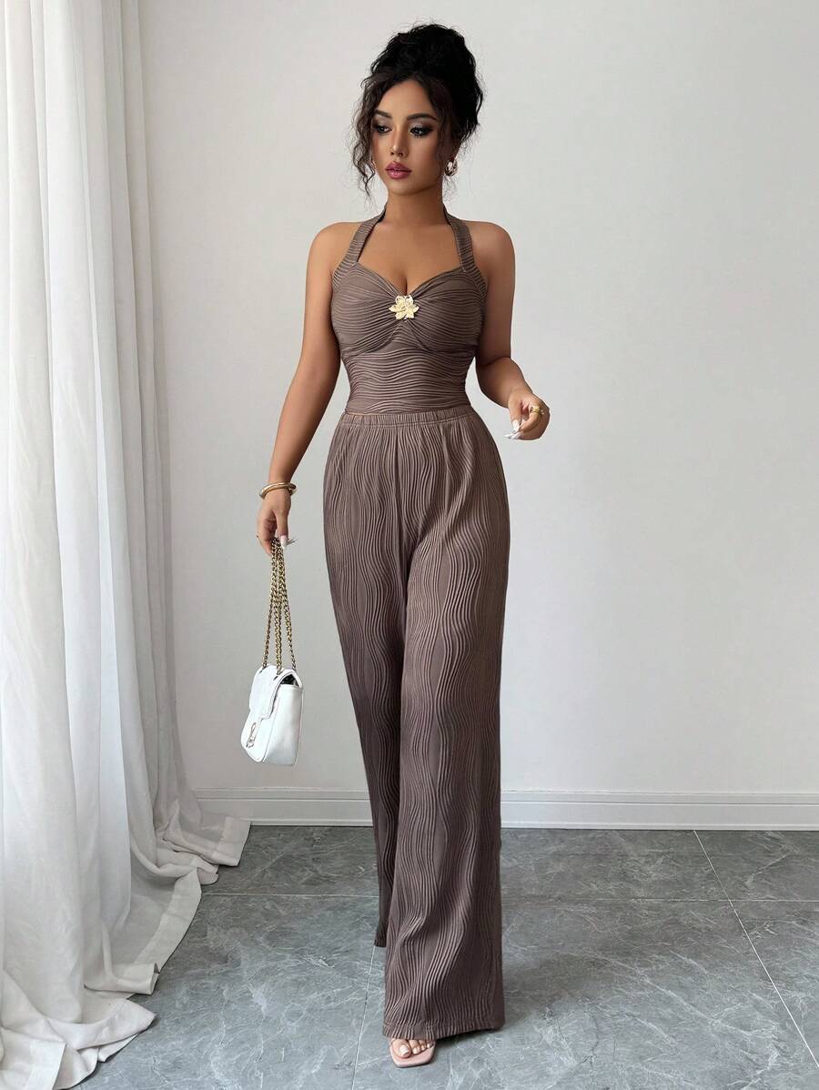 Ženski set  Metalni Cvietni Dekor Crop Top  + pantalone