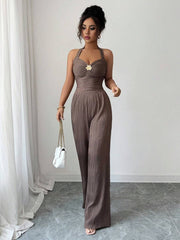 Ženski set  Metalni Cvietni Dekor Crop Top  + pantalone