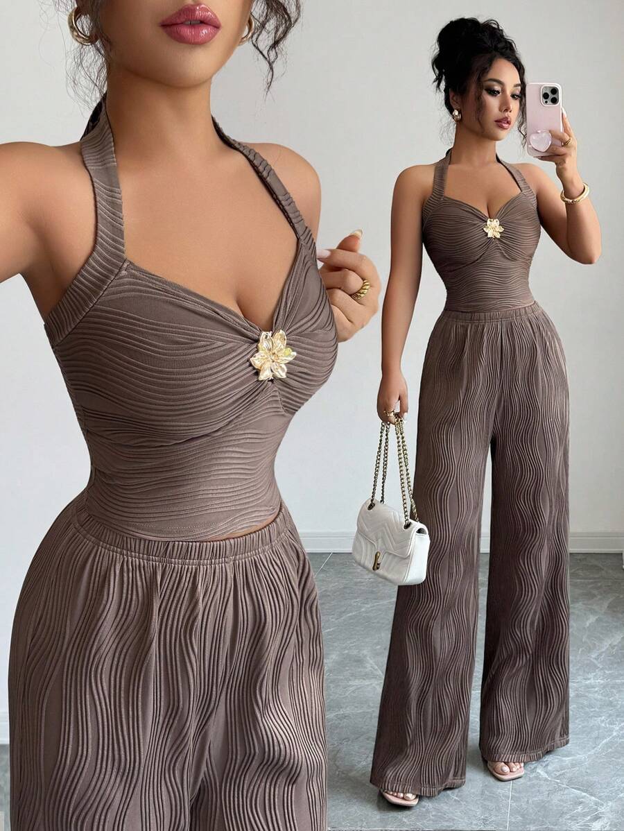 Ženski set  Metalni Cvietni Dekor Crop Top  + pantalone