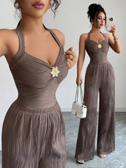 Ženski set  Metalni Cvietni Dekor Crop Top  + pantalone