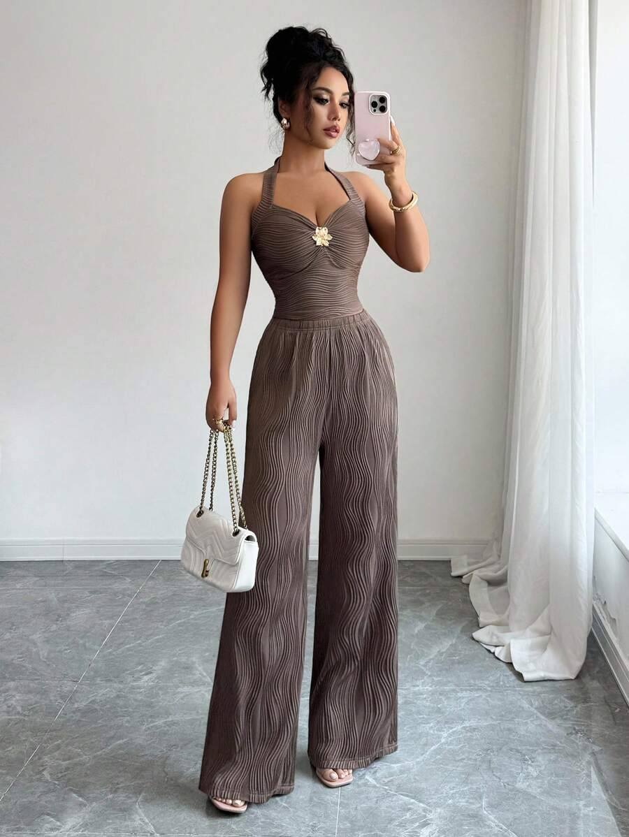 Ženski set  Metalni Cvietni Dekor Crop Top  + pantalone