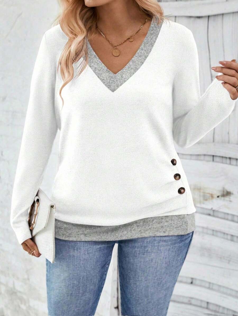 Ženska ležerna majica dugih rukava plus size sa ukrasnim dugmićima i kontrastnim rubom