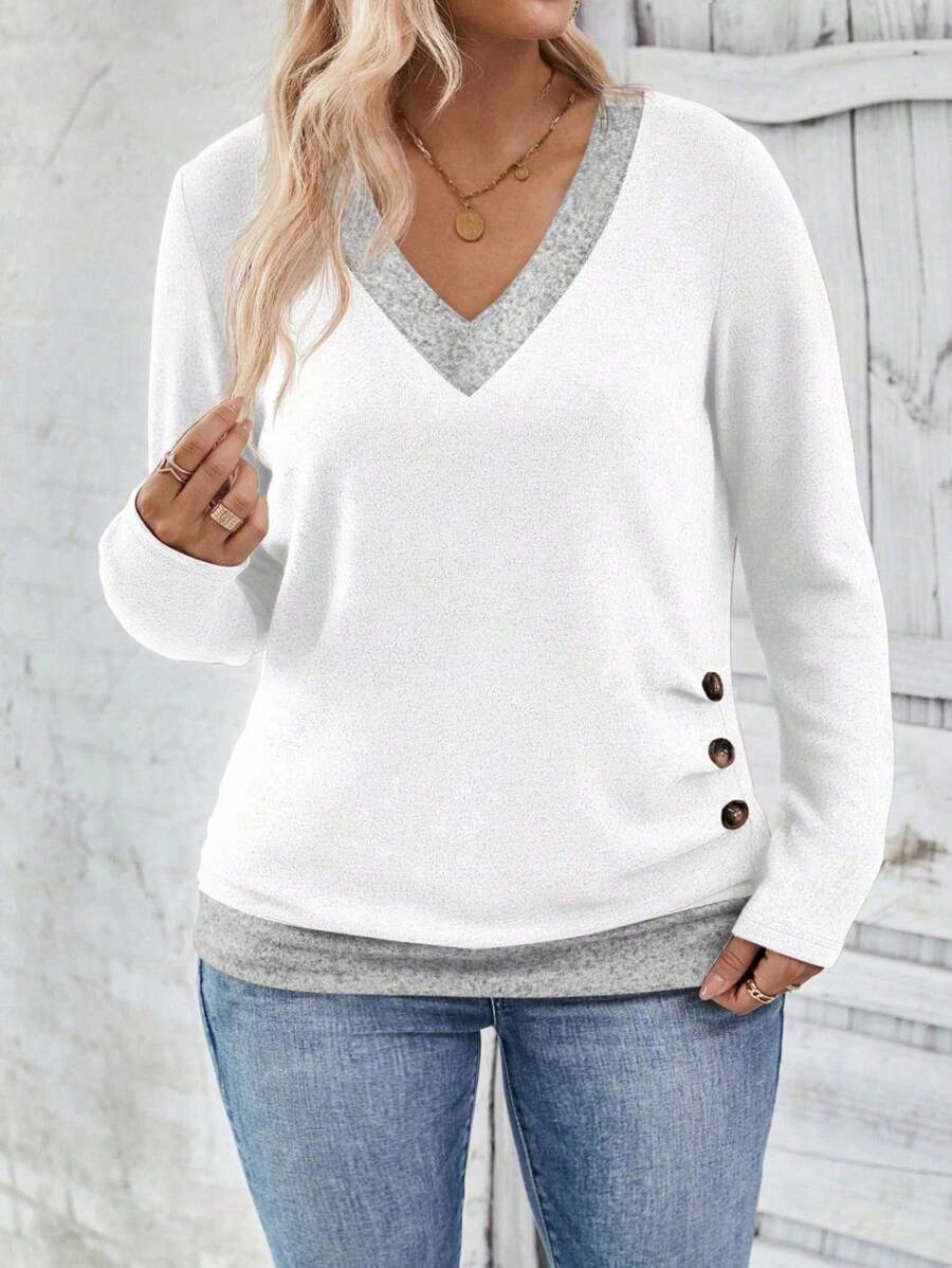 Ženska ležerna majica dugih rukava plus size sa ukrasnim dugmićima i kontrastnim rubom