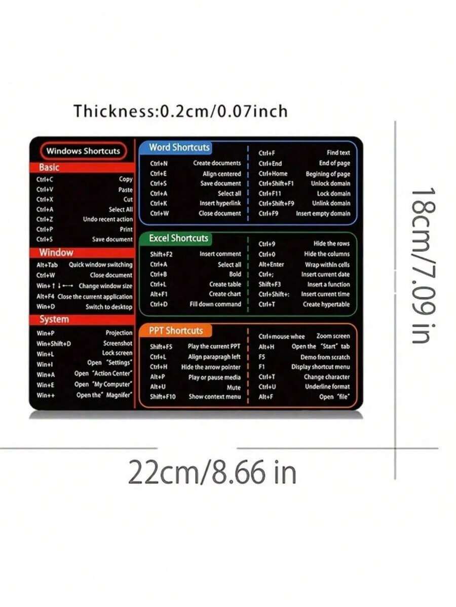 Podloga za miš sa prečicama na tastaturi, sa zadebljanom gumom, 9.45 x 7.9 inča