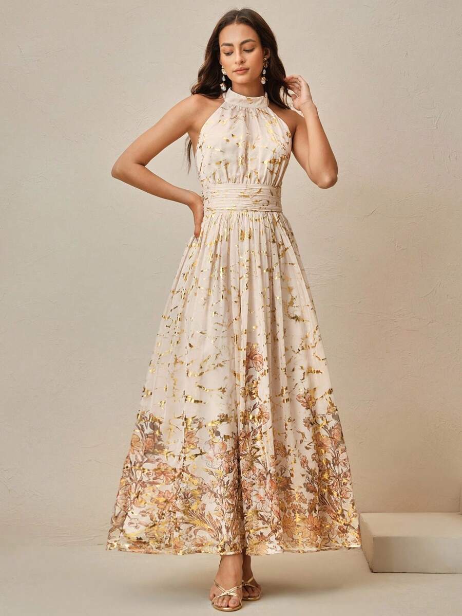 Elegantna romantična vintage haljina sa cvetnim printom i nabranim strukom