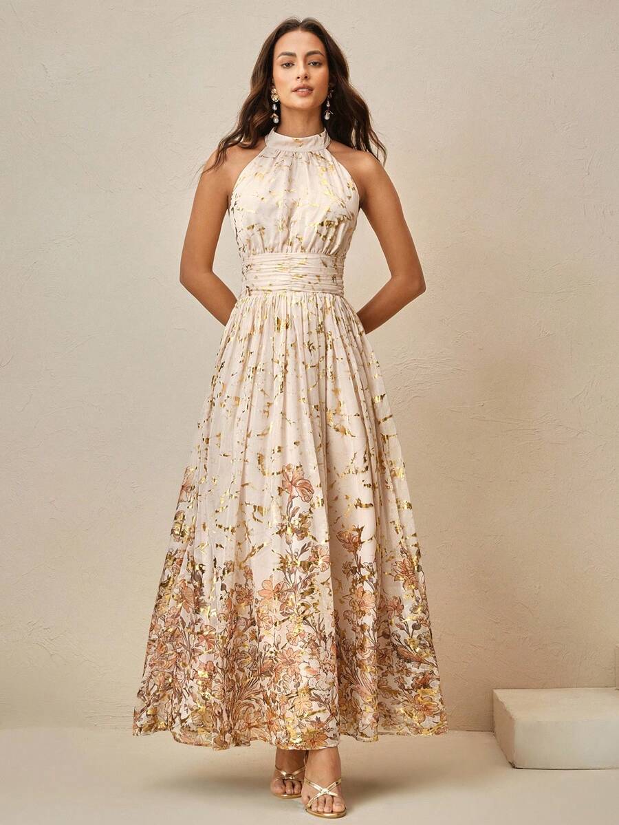 Elegantna romantična vintage haljina sa cvetnim printom i nabranim strukom