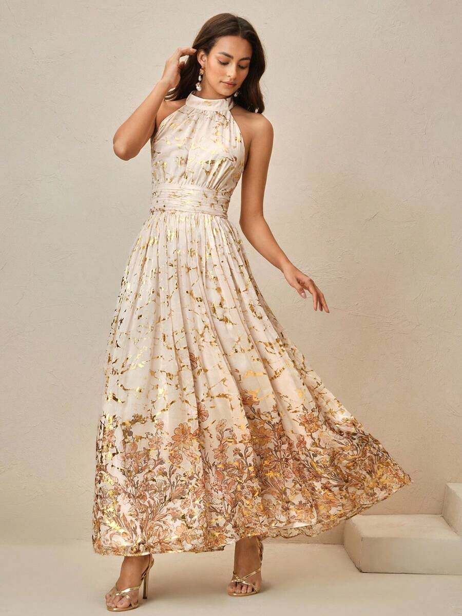 Elegantna romantična vintage haljina sa cvetnim printom i nabranim strukom