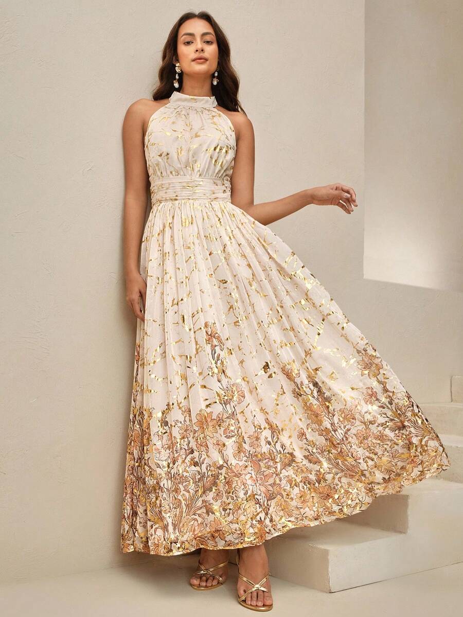 Elegantna romantična vintage haljina sa cvetnim printom i nabranim strukom