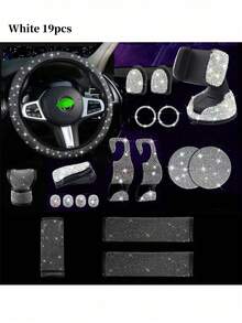 19pcs Shiny Car Accessories Set, Designed For Women, Including Steering Wheel Cover, Seatbelt Cover, Gear Shift Knob Cover, Phone Holder, Cup Holder, Cute Car Decor Kit, Car Interior Accessories Set (Black, White, Pink, Red)