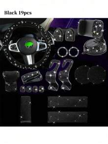 19pcs Shiny Car Accessories Set, Designed For Women, Including Steering Wheel Cover, Seatbelt Cover, Gear Shift Knob Cover, Phone Holder, Cup Holder, Cute Car Decor Kit, Car Interior Accessories Set (Black, White, Pink, Red)