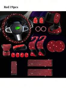19pcs Shiny Car Accessories Set, Designed For Women, Including Steering Wheel Cover, Seatbelt Cover, Gear Shift Knob Cover, Phone Holder, Cup Holder, Cute Car Decor Kit, Car Interior Accessories Set (Black, White, Pink, Red)
