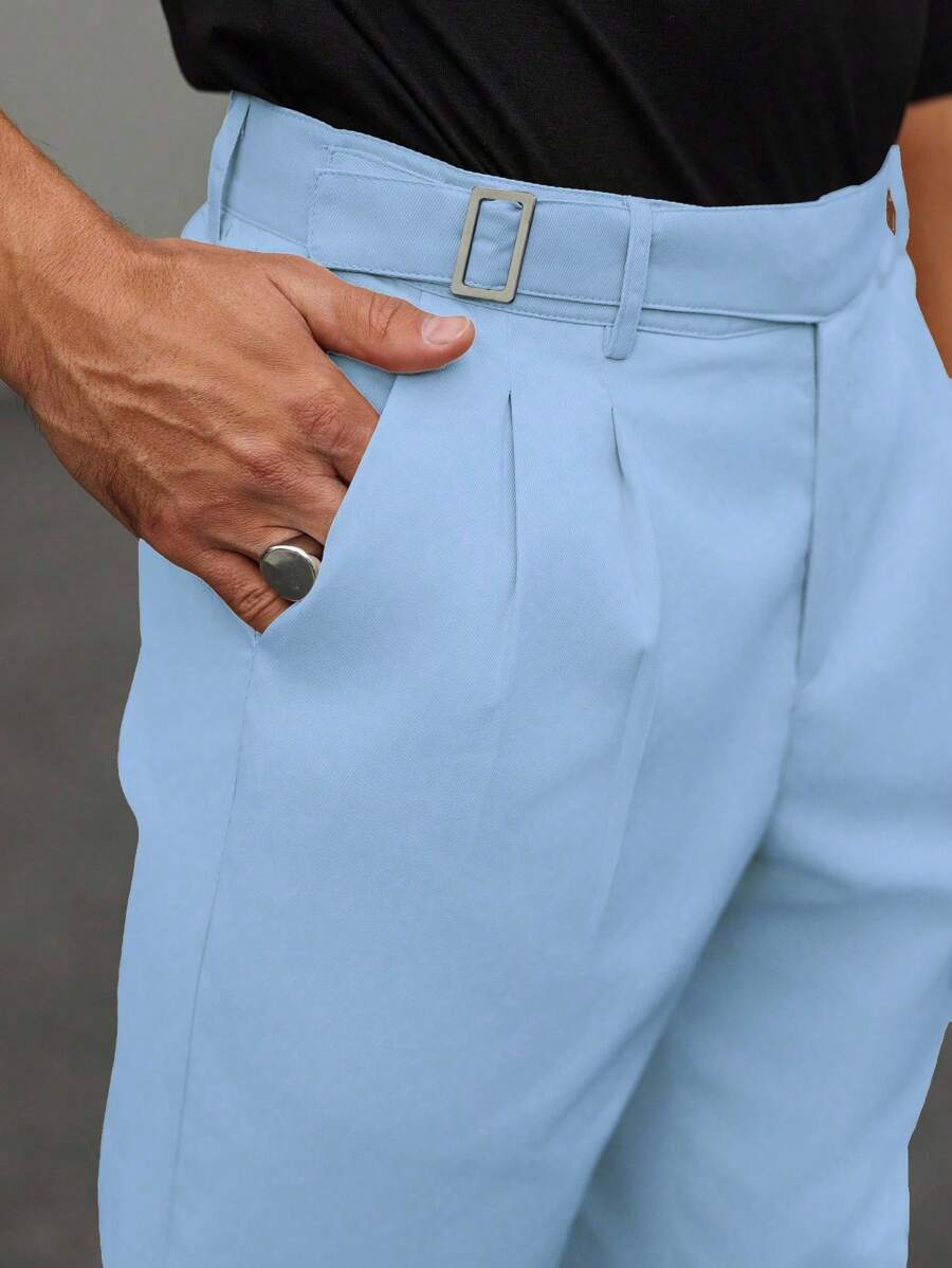 Muške svečane pantalone od odela jednobojne sa dizajnom kopče na struku, džepovima i suženim nogavicama