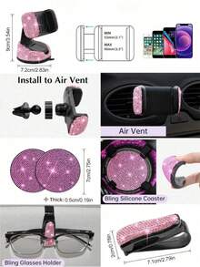 19pcs Shiny Car Accessories Set, Designed For Women, Including Steering Wheel Cover, Seatbelt Cover, Gear Shift Knob Cover, Phone Holder, Cup Holder, Cute Car Decor Kit, Car Interior Accessories Set (Black, White, Pink, Red)