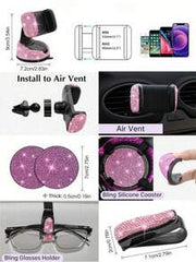 19pcs Shiny Car Accessories Set, Designed For Women, Including Steering Wheel Cover, Seatbelt Cover, Gear Shift Knob Cover, Phone Holder, Cup Holder, Cute Car Decor Kit, Car Interior Accessories Set (Black, White, Pink, Red)