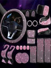 19pcs Shiny Car Accessories Set, Designed For Women, Including Steering Wheel Cover, Seatbelt Cover, Gear Shift Knob Cover, Phone Holder, Cup Holder, Cute Car Decor Kit, Car Interior Accessories Set (Black, White, Pink, Red)