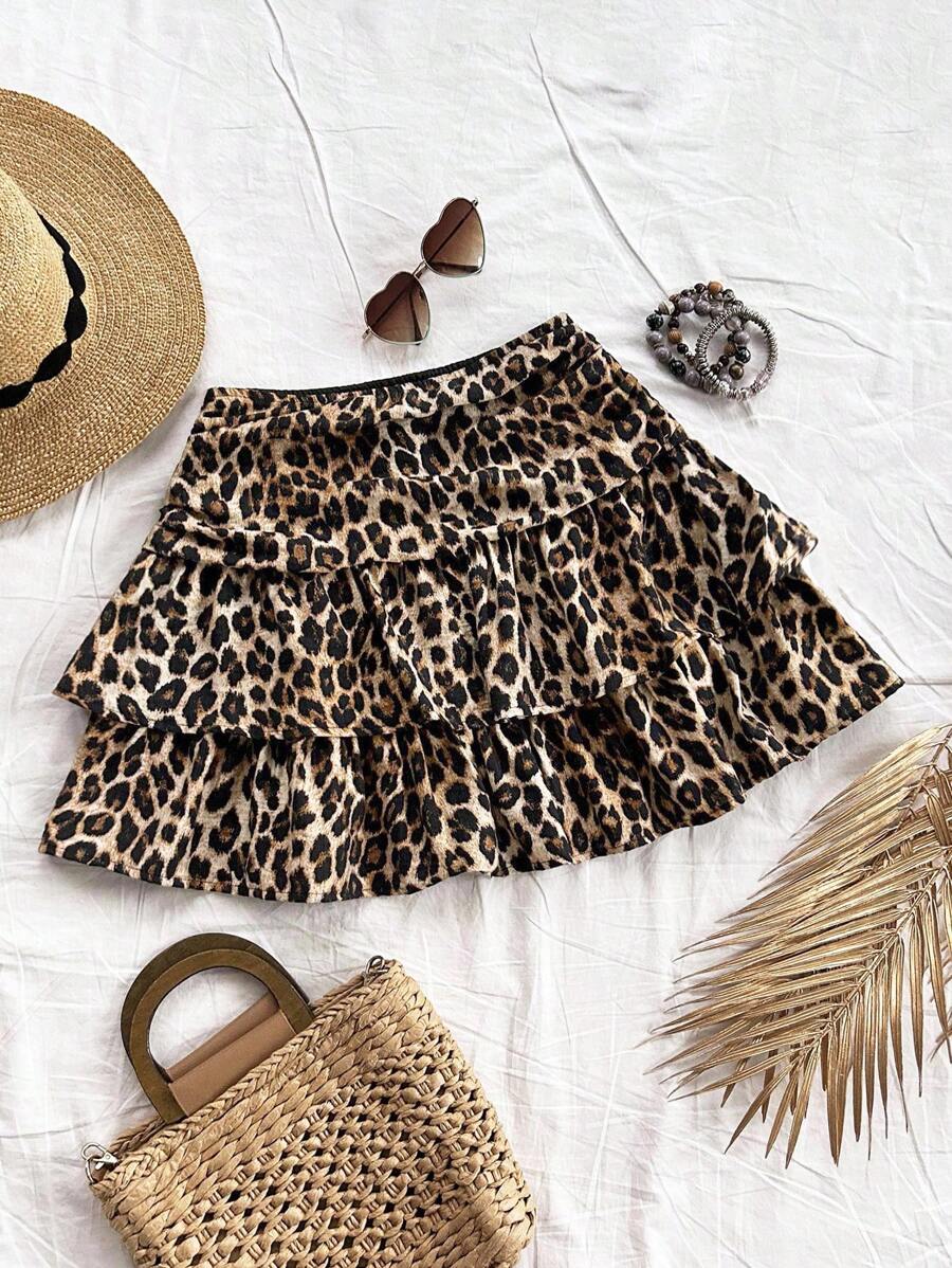 Ženska smeđa suknja sa leopard printom, nabranim dvostrukim slojem, letnja boho