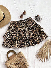 Ženska smeđa suknja sa leopard printom, nabranim dvostrukim slojem, letnja boho
