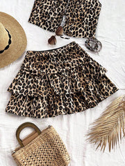Ženska smeđa suknja sa leopard printom, nabranim dvostrukim slojem, letnja boho