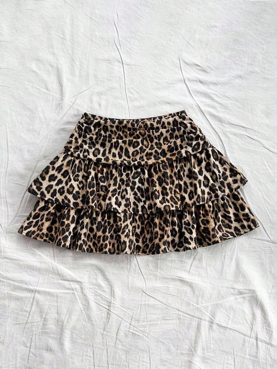 Ženska smeđa suknja sa leopard printom, nabranim dvostrukim slojem, letnja boho