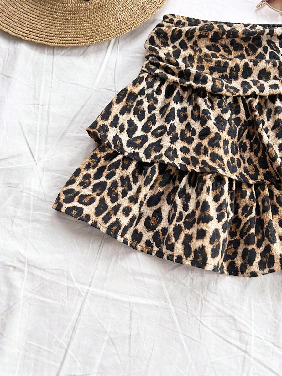 Ženska smeđa suknja sa leopard printom, nabranim dvostrukim slojem, letnja boho