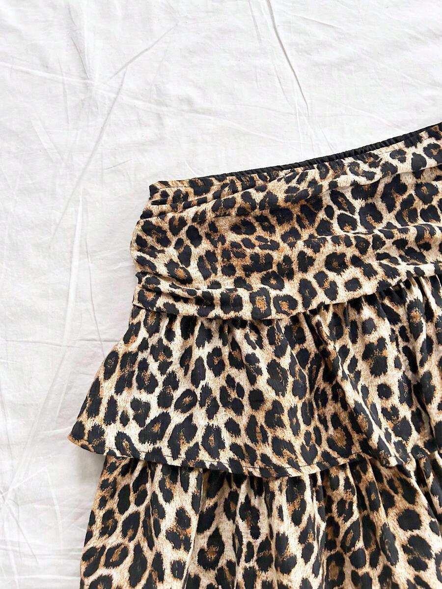 Ženska smeđa suknja sa leopard printom, nabranim dvostrukim slojem, letnja boho