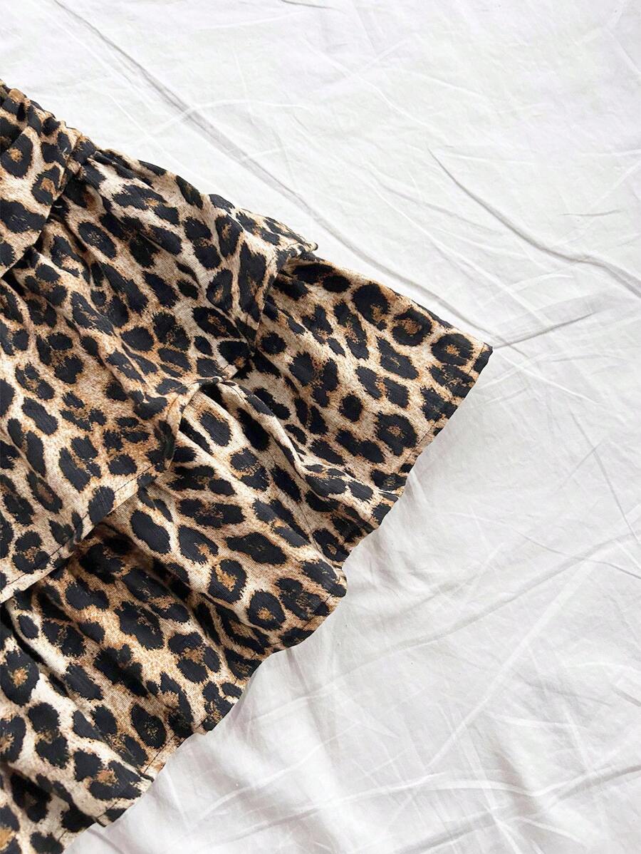 Ženska smeđa suknja sa leopard printom, nabranim dvostrukim slojem, letnja boho