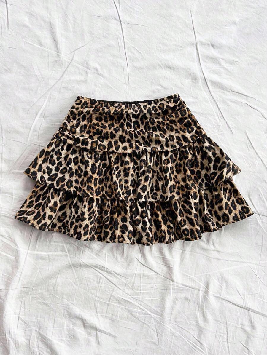 Ženska smeđa suknja sa leopard printom, nabranim dvostrukim slojem, letnja boho