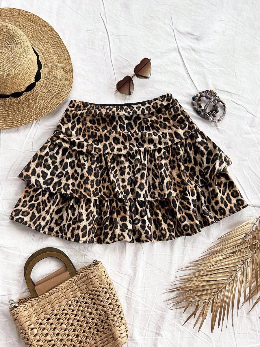 Ženska smeđa suknja sa leopard printom, nabranim dvostrukim slojem, letnja boho