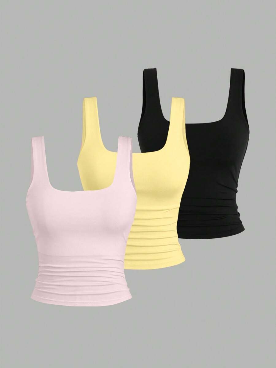 Sweetra Ženska Letnja Majica – Kvadratni Izrez, Nabran Slim Fit Casual Top